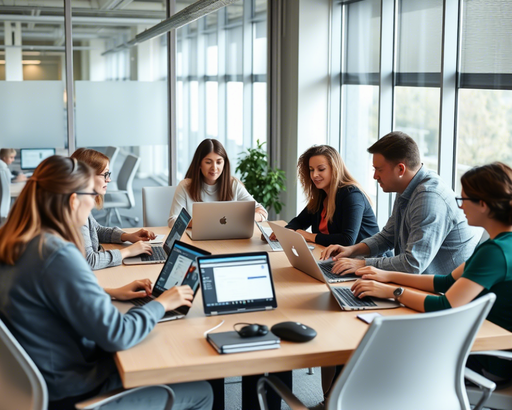 varias personas compartiendo en una oficina sentados en sus computadores